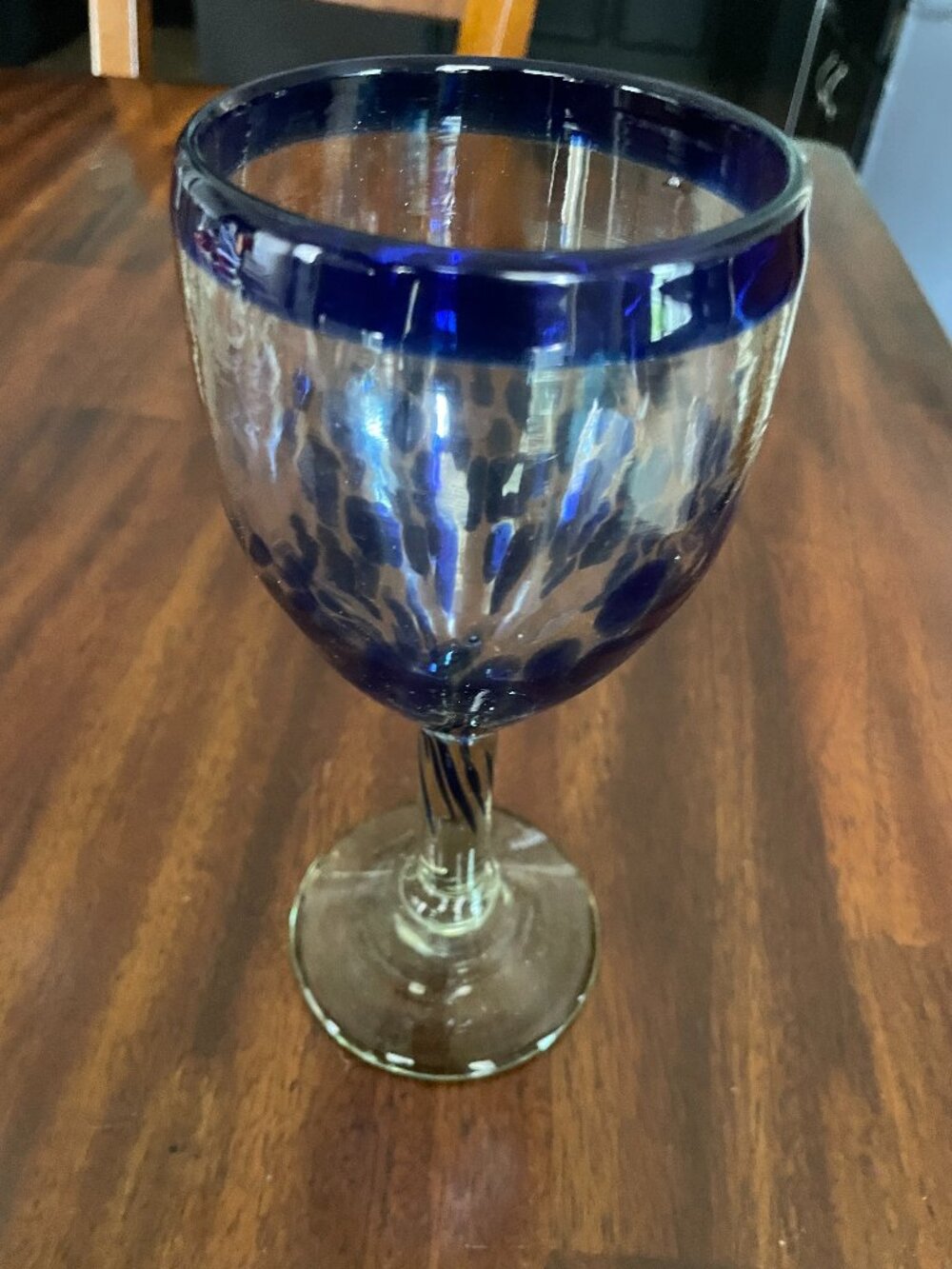 Handblown Cobalt Blue Dot Wine Goblet Glass Mexican Glass 8" Tall!